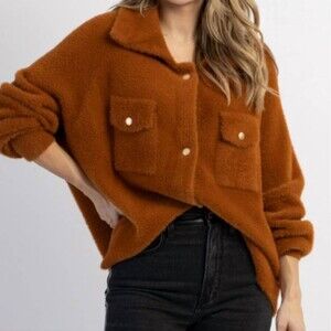Bucketlist Caramel Brown Super Soft Nylon Fuzzy Snap Front Jacket, L